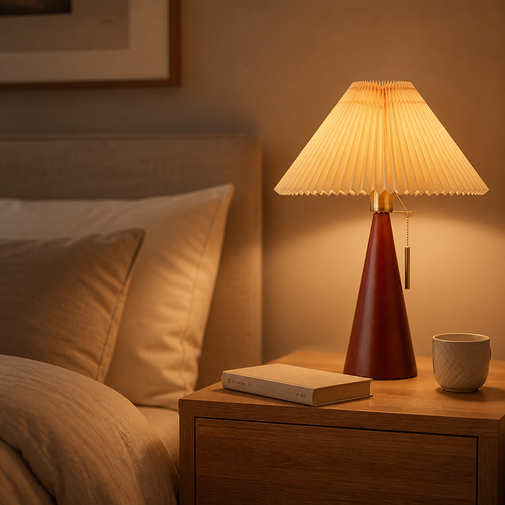 Lampe de Table Bois Abat-jour Plissé B — mise en situation chambre