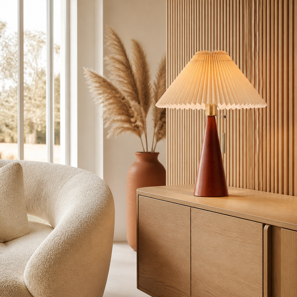 Lampe de Table Bois Abat-jour Plissé B — mise en situation salon lumière du jour