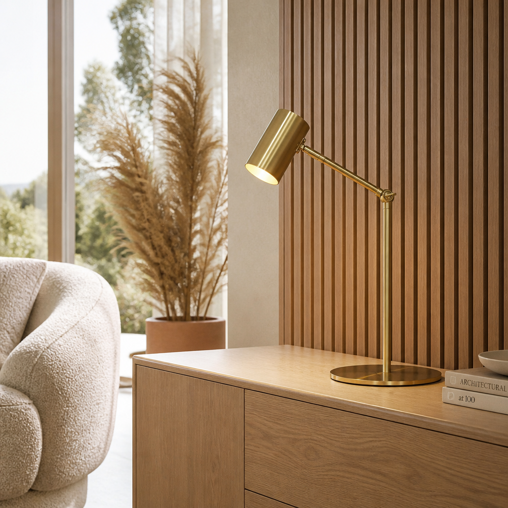 Lampe de Table Design Doré Nordique B — mise en situation salon lumière du jour