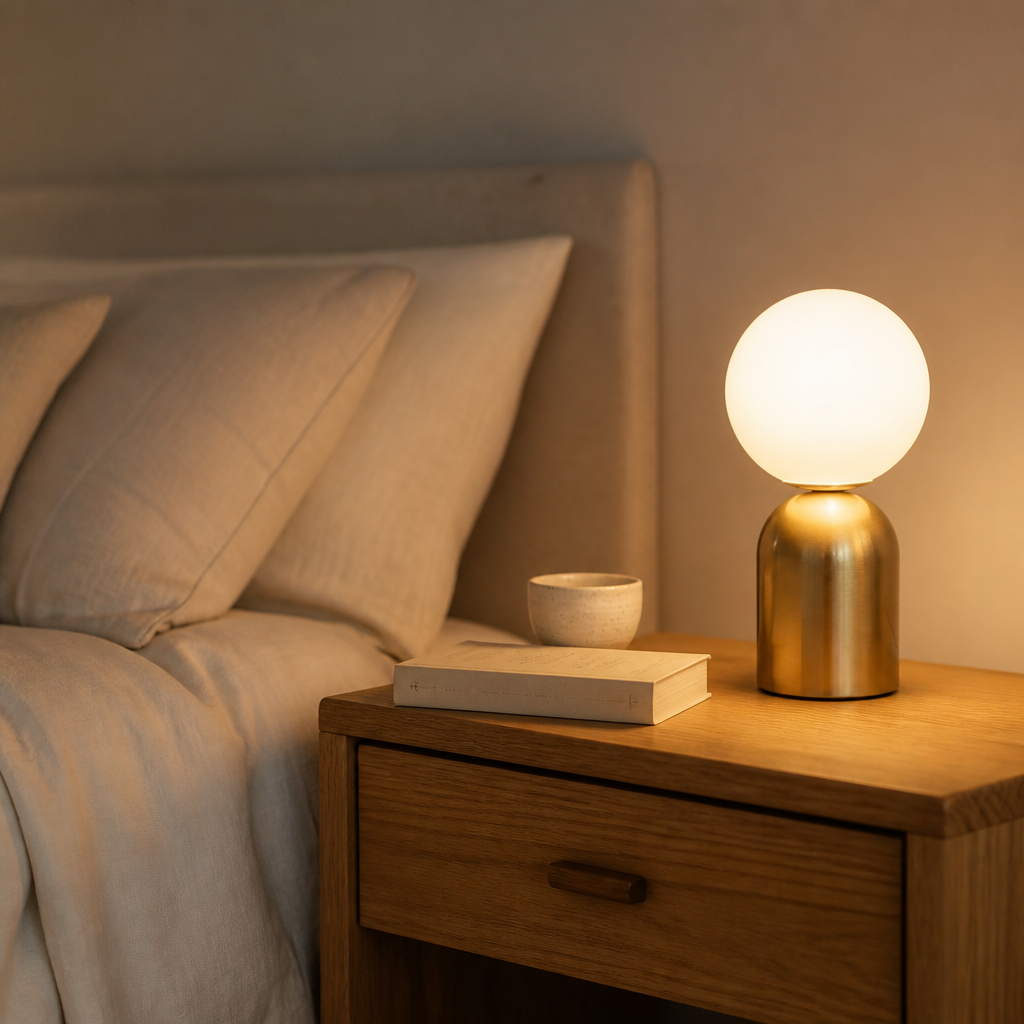 Lampe Design Boule Verre Laiton Nordic Sans chapeau — mise en situation chambre