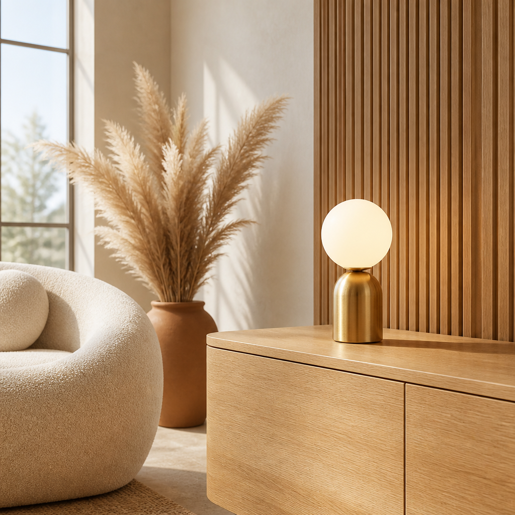 Lampe Design Boule Verre Laiton Nordic Sans chapeau — mise en situation salon lumière du jour