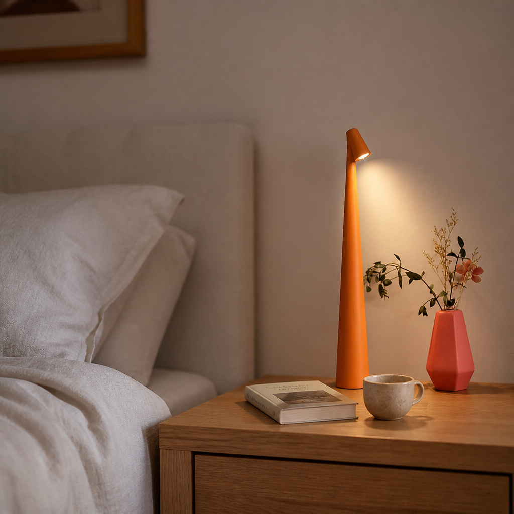 Lampe LED Tube USB Rechargeable Tactile Orange — mise en situation chambre