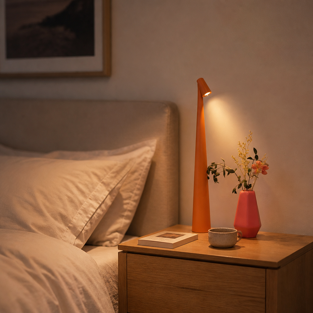 Lampe LED Tube USB Rechargeable Tactile Orange — mise en situation chambre