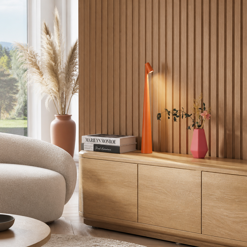 Lampe LED Tube USB Rechargeable Tactile Orange — mise en situation salon lumière du jour