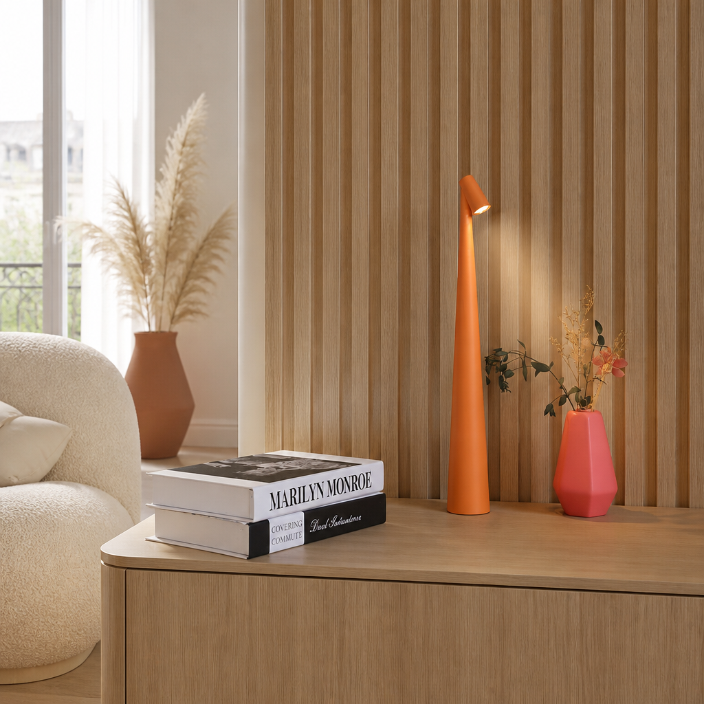 Lampe LED Tube USB Rechargeable Tactile Orange — mise en situation salon lumière du jour