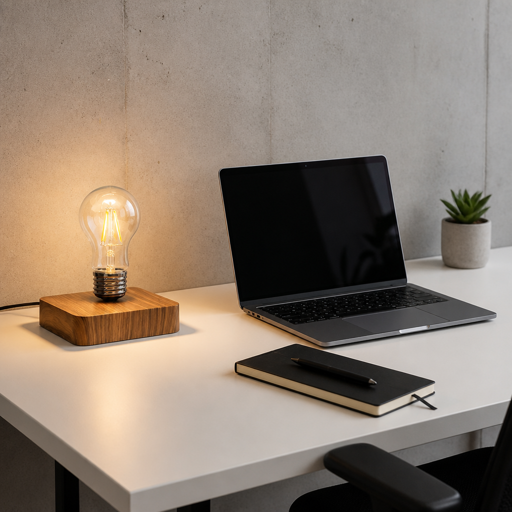 Lampe Lévitation Magnétique Bois LED Carré — mise en situation bureau home office