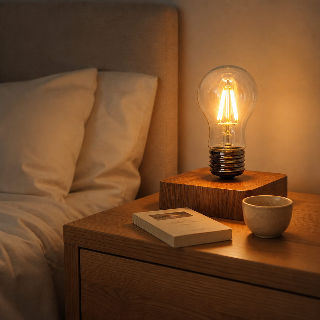 Lampe Lévitation Magnétique Bois LED Carré — mise en situation chambre
