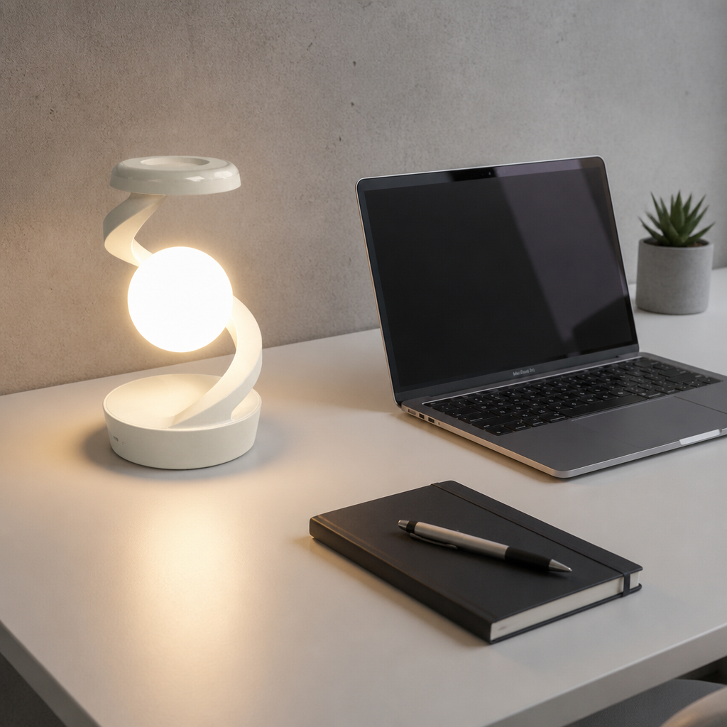Lampe Rotative RGB Chargeur Sans Fil 15W Blanc — mise en situation bureau home office