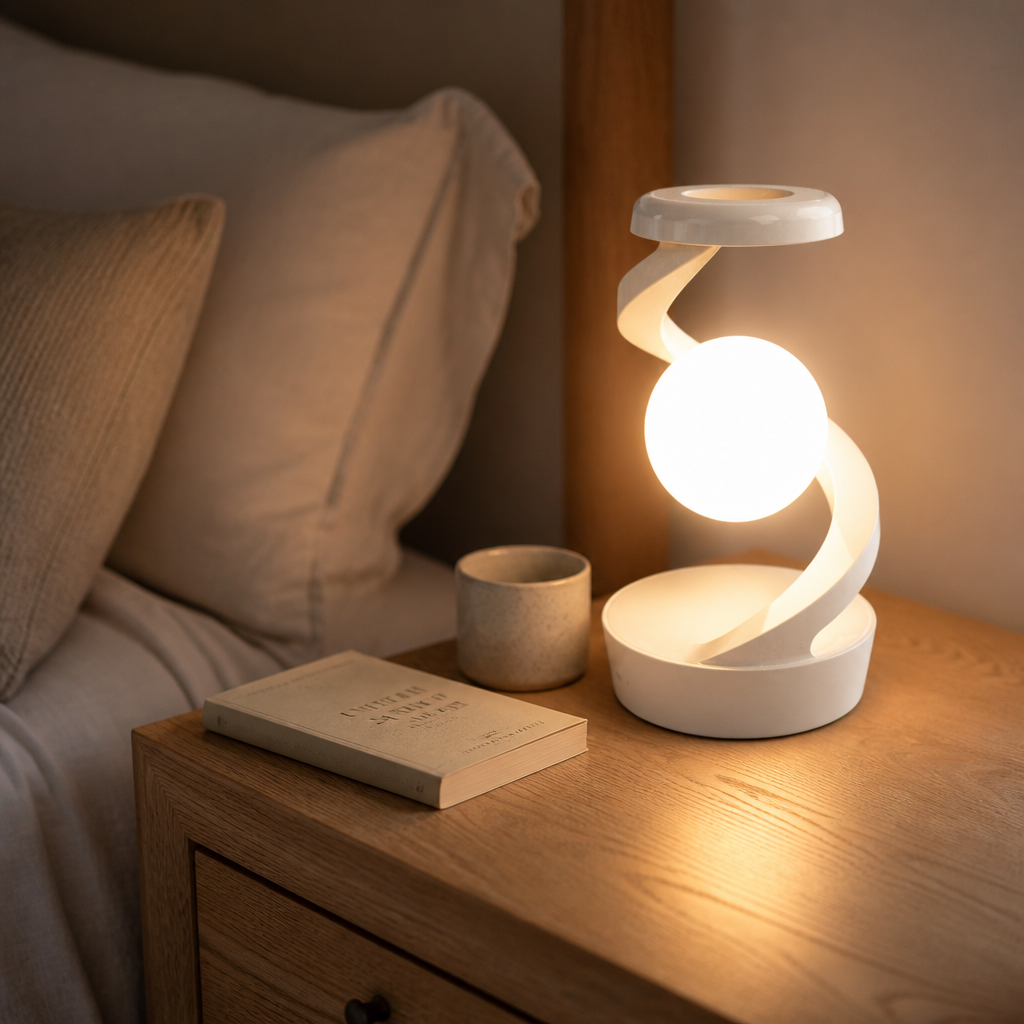 Lampe Rotative RGB Chargeur Sans Fil 15W Blanc — mise en situation chambre