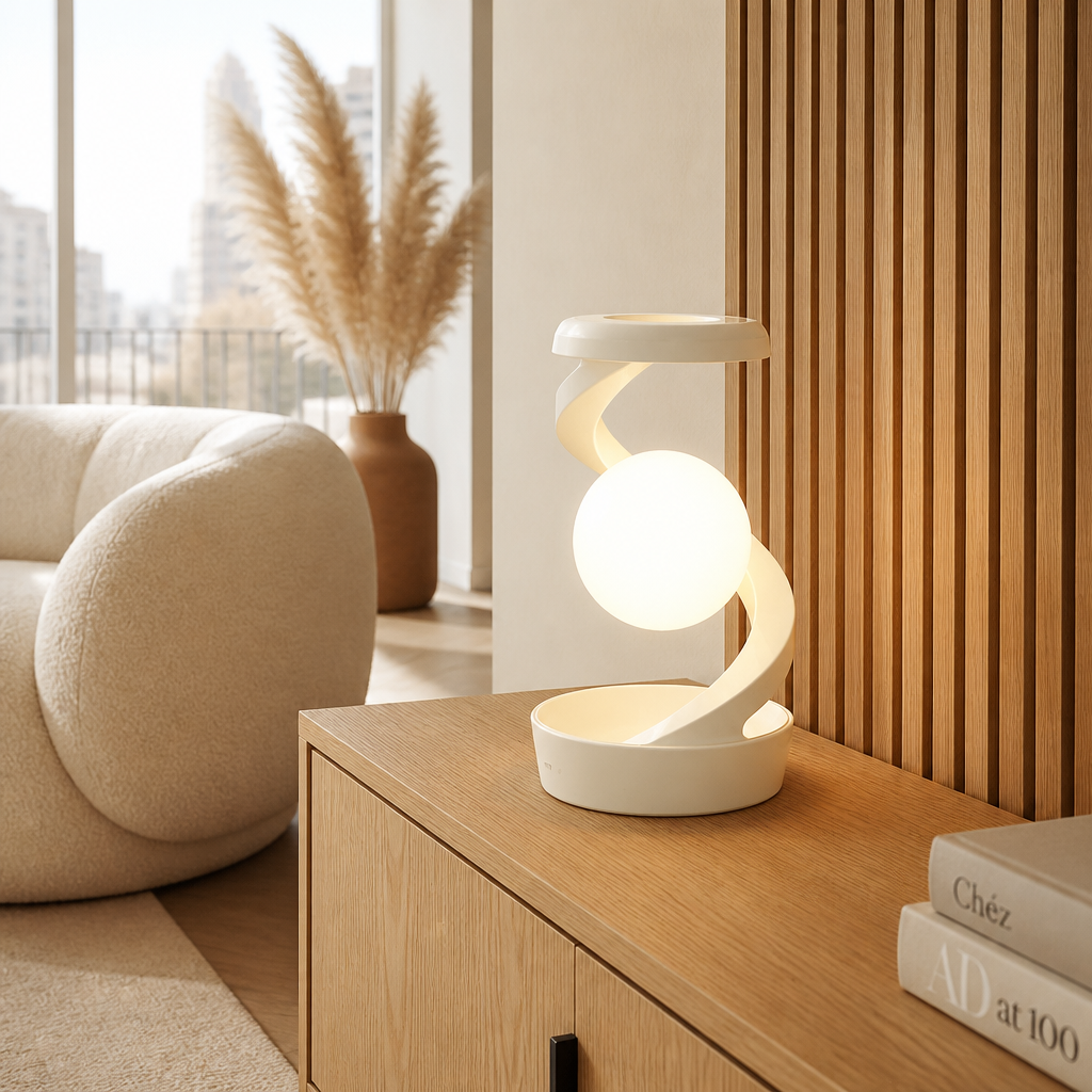 Lampe Rotative RGB Chargeur Sans Fil 15W Blanc — mise en situation salon lumière du jour