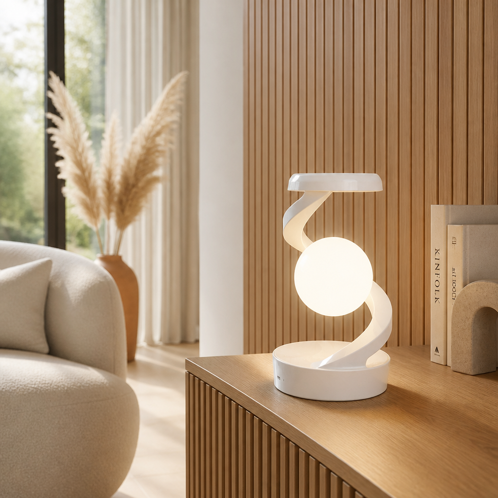 Lampe Rotative RGB Chargeur Sans Fil 15W Blanc — mise en situation salon lumière du jour