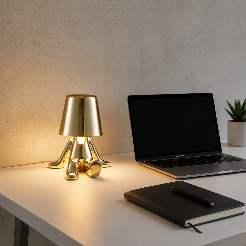 Lampe Statuette Tactile Dorée USB A — mise en situation bureau home office