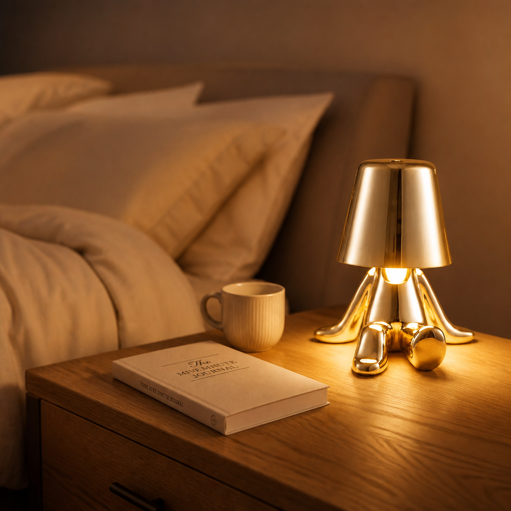 Lampe Statuette Tactile Dorée USB A — mise en situation chambre