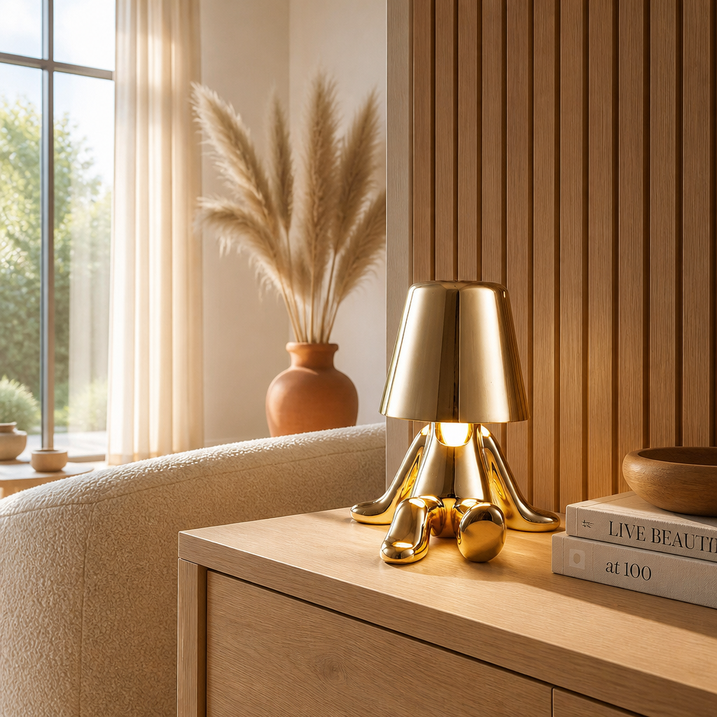 Lampe Statuette Tactile Dorée USB A — mise en situation salon lumière du jour