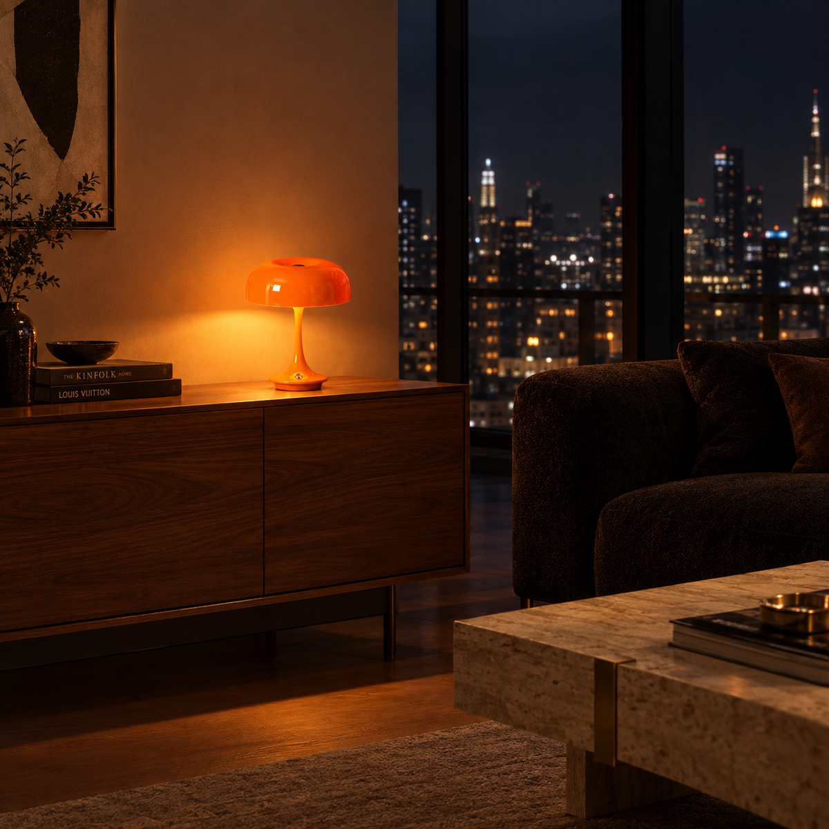 Lampe Tactile Sans Fil Orange — ambiance soir penthouse contemporain