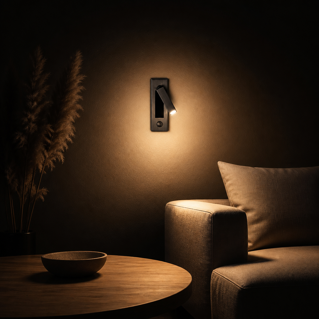 Liseuse Murale Encastrée LED Orientable Noir Rectangulaire — ambiance soir salon contemporain