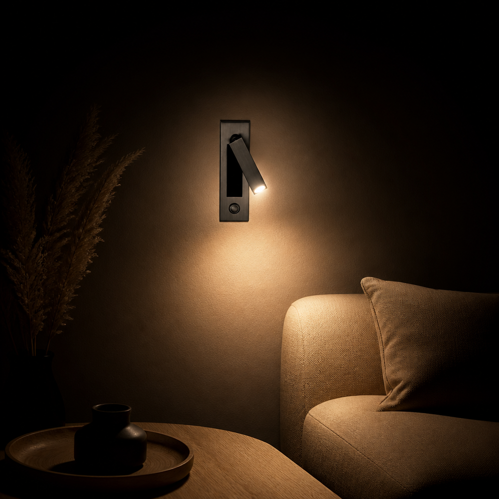 Liseuse Murale Encastrée LED Orientable Noir Rectangulaire — ambiance soir salon contemporain