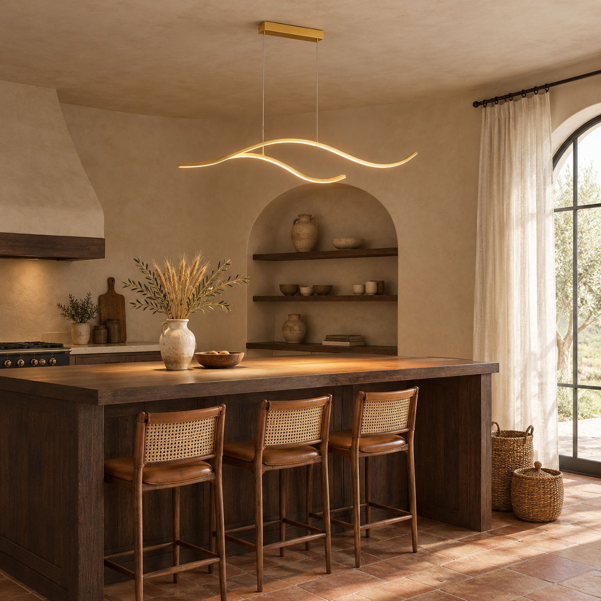Lustre Barre Doré — mise en situation cuisine méditerranéenne