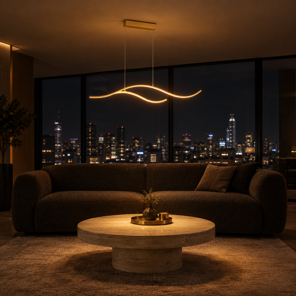 Lustre Barre Doré — ambiance soir penthouse contemporain