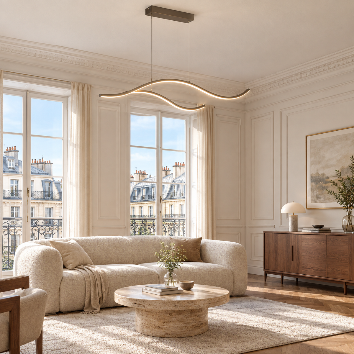 Lustre Barre Noir — mise en situation salon parisien lumière du jour