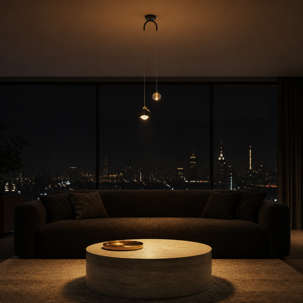 Lustre Cristal Noir — ambiance soir penthouse contemporain