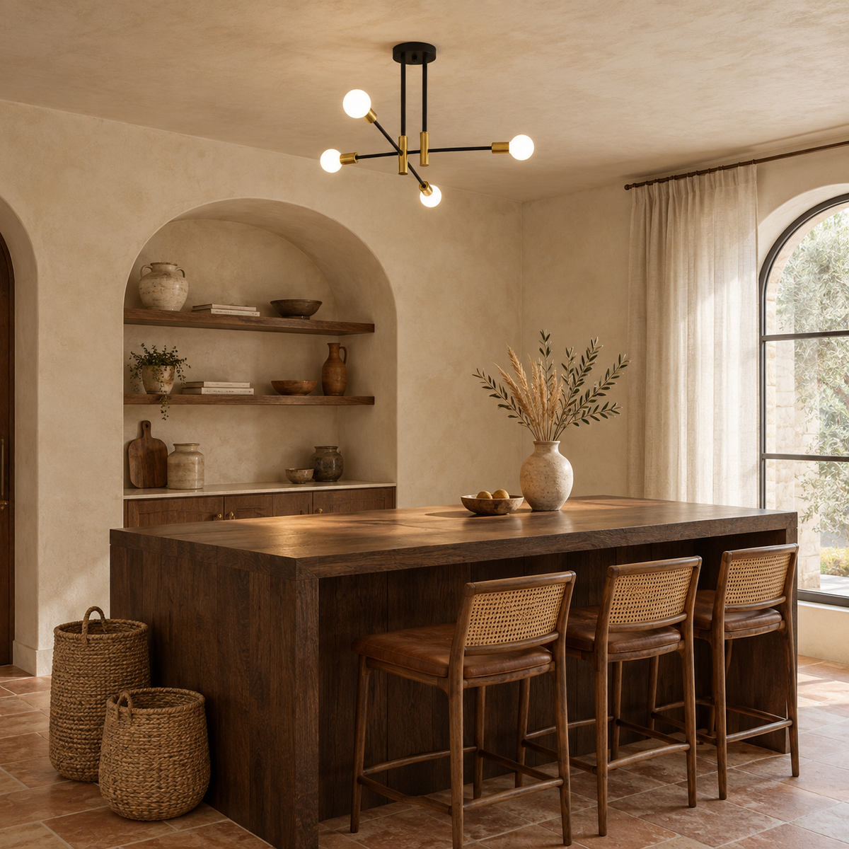 Lustre Industriel 4 branches — mise en situation cuisine méditerranéenne