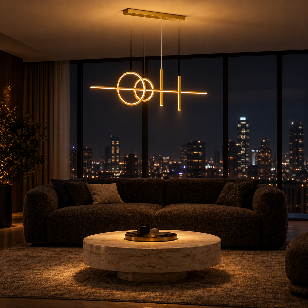 Lustre Salle à Manger Doré — ambiance soir penthouse contemporain