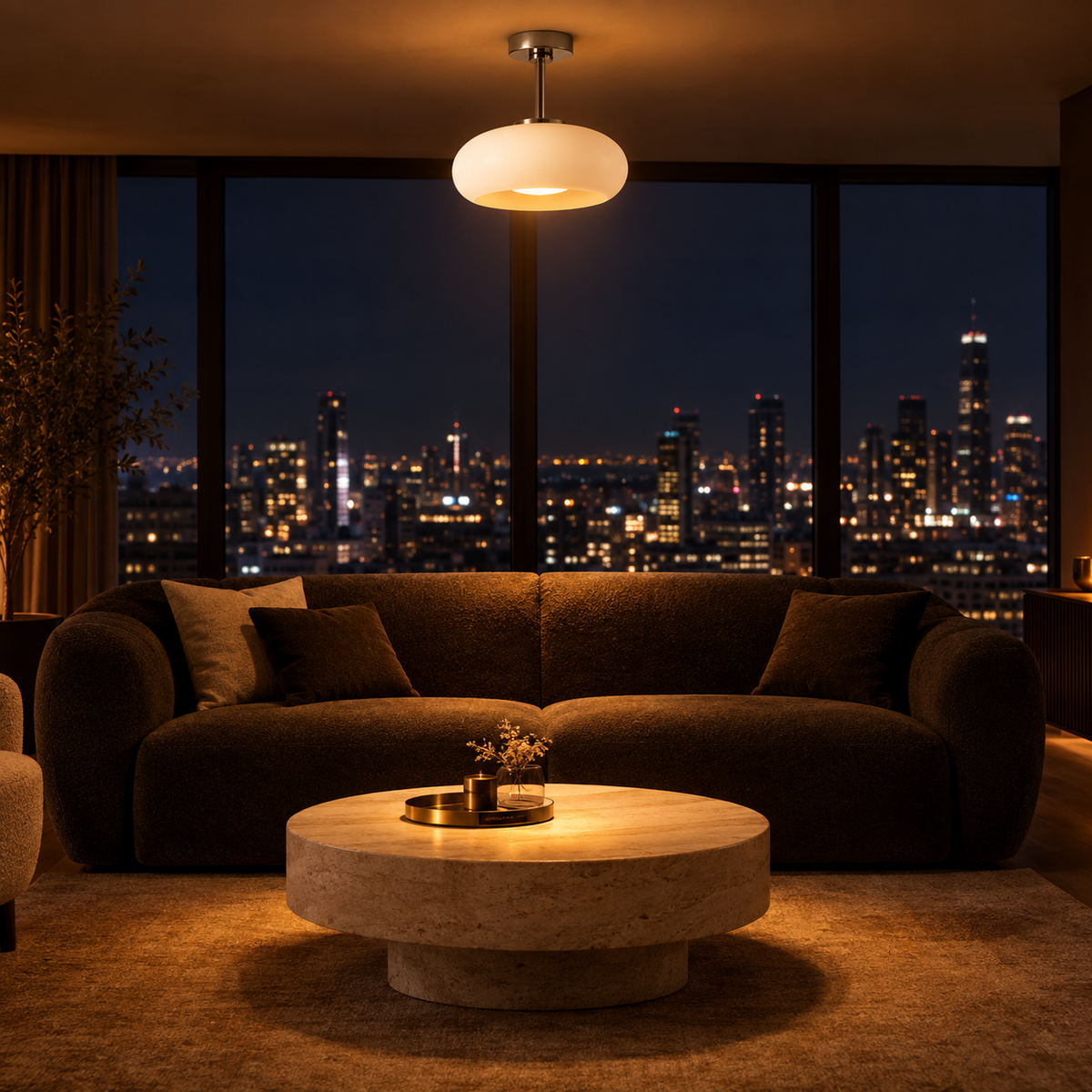 Lustre Verre Blanc 2 — ambiance soir penthouse contemporain