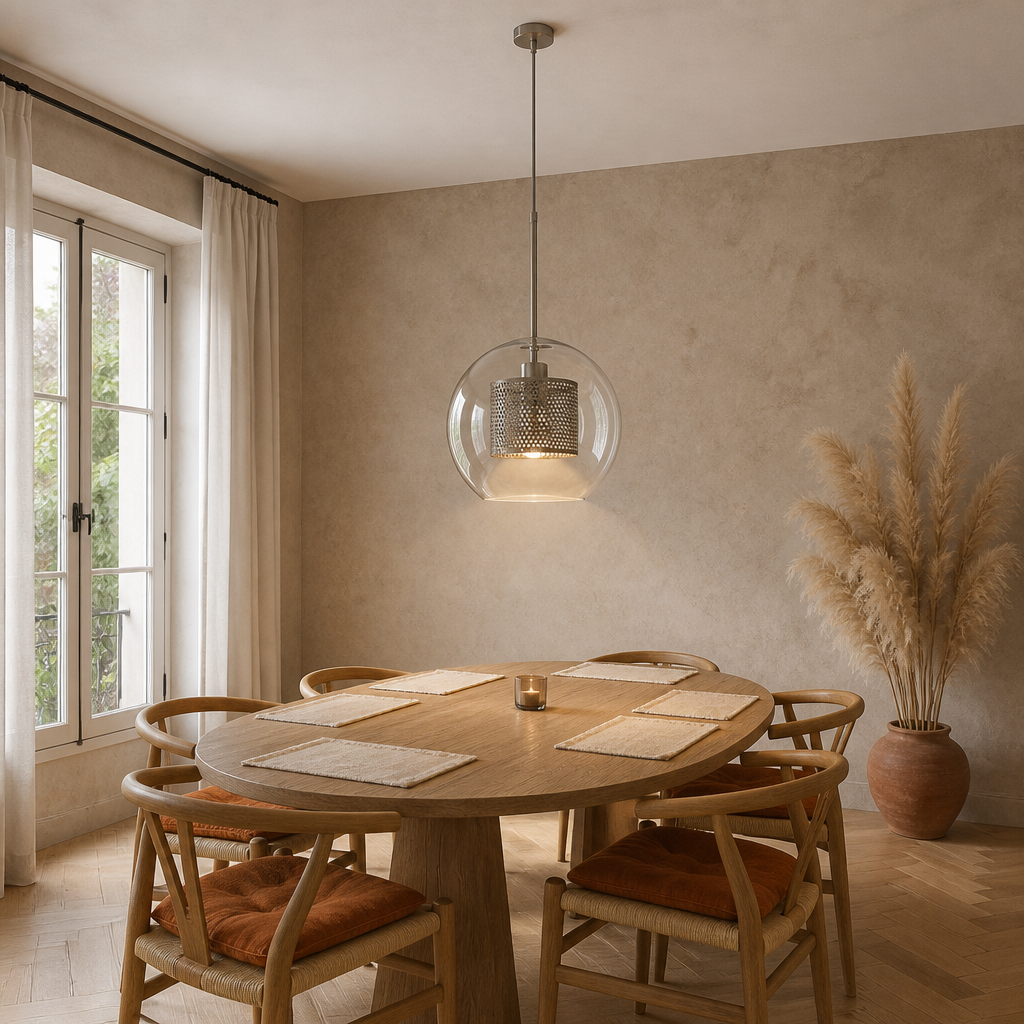 Modern LED Pendant Lamps Nordic Glass Ball Bedroom Decoration Indoor Kitchen Suspension Luminaire Lighting Living Dining Lights B 24CM chrome — mise en situation cuisine