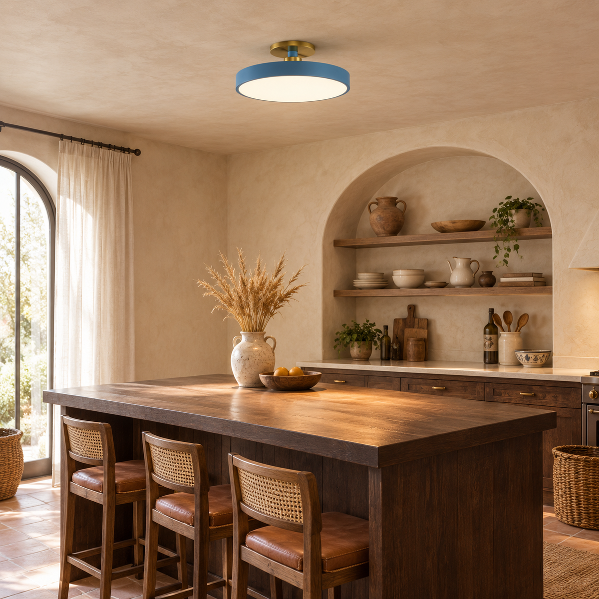 Plafonnier Design Bleu — mise en situation cuisine méditerranéenne