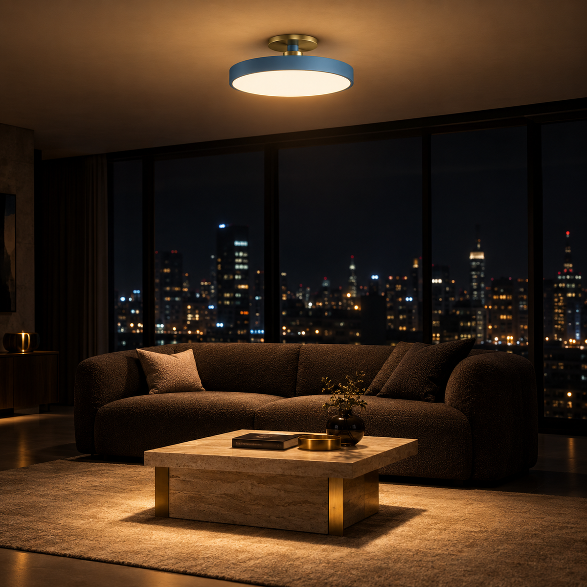 Plafonnier Design Bleu — ambiance soir penthouse contemporain