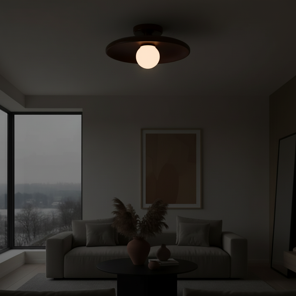 Plafonnier en Bois — ambiance soir salon contemporain