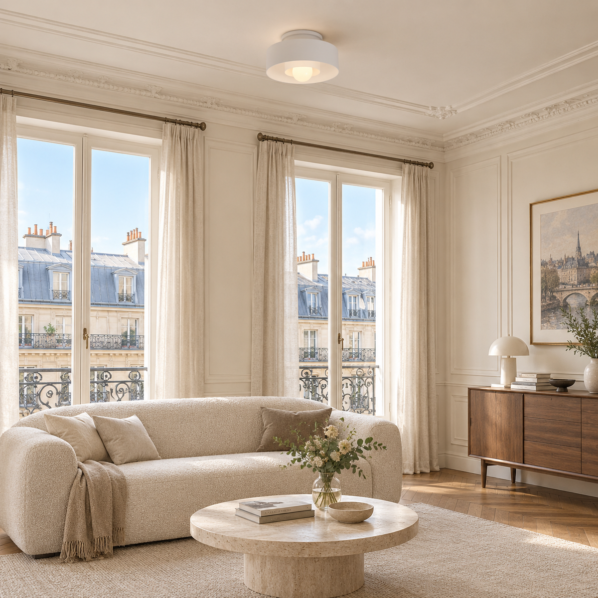Plafonnier Entrée Blanc — mise en situation salon parisien lumière du jour