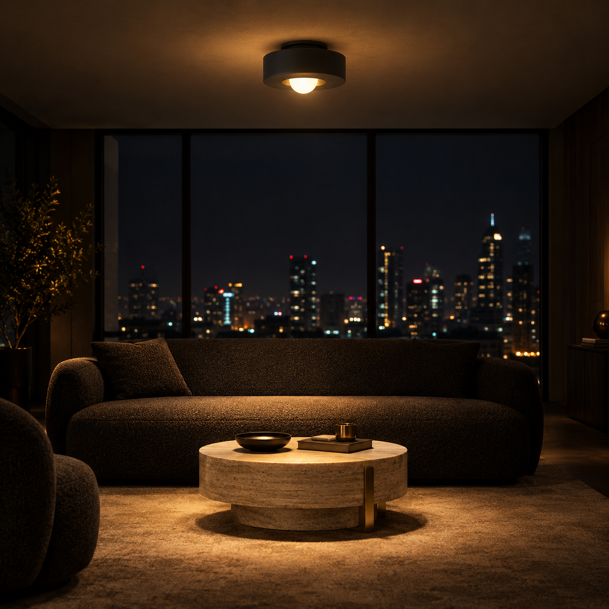 Plafonnier Entrée Noir — ambiance soir penthouse contemporain