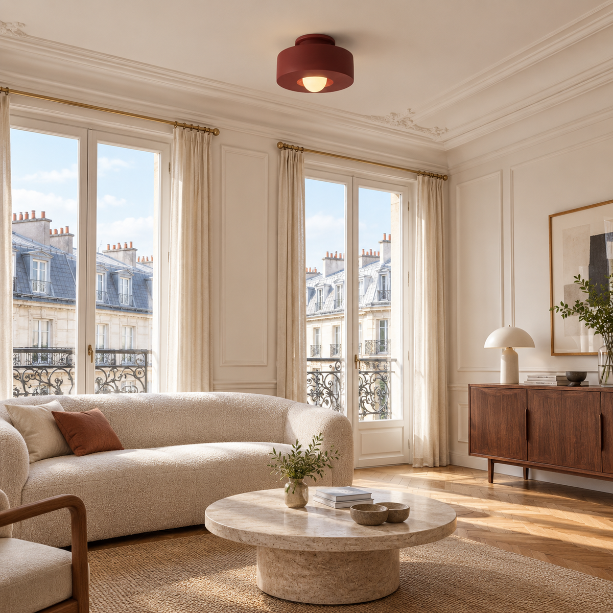 Plafonnier Entrée Rouge — mise en situation salon parisien lumière du jour
