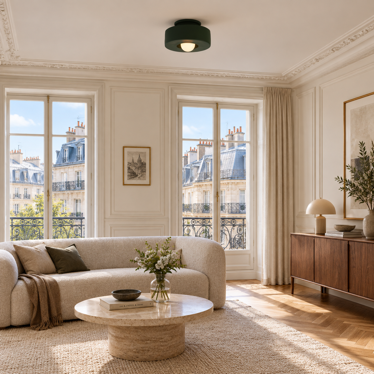 Plafonnier Entrée Vert — mise en situation salon parisien lumière du jour