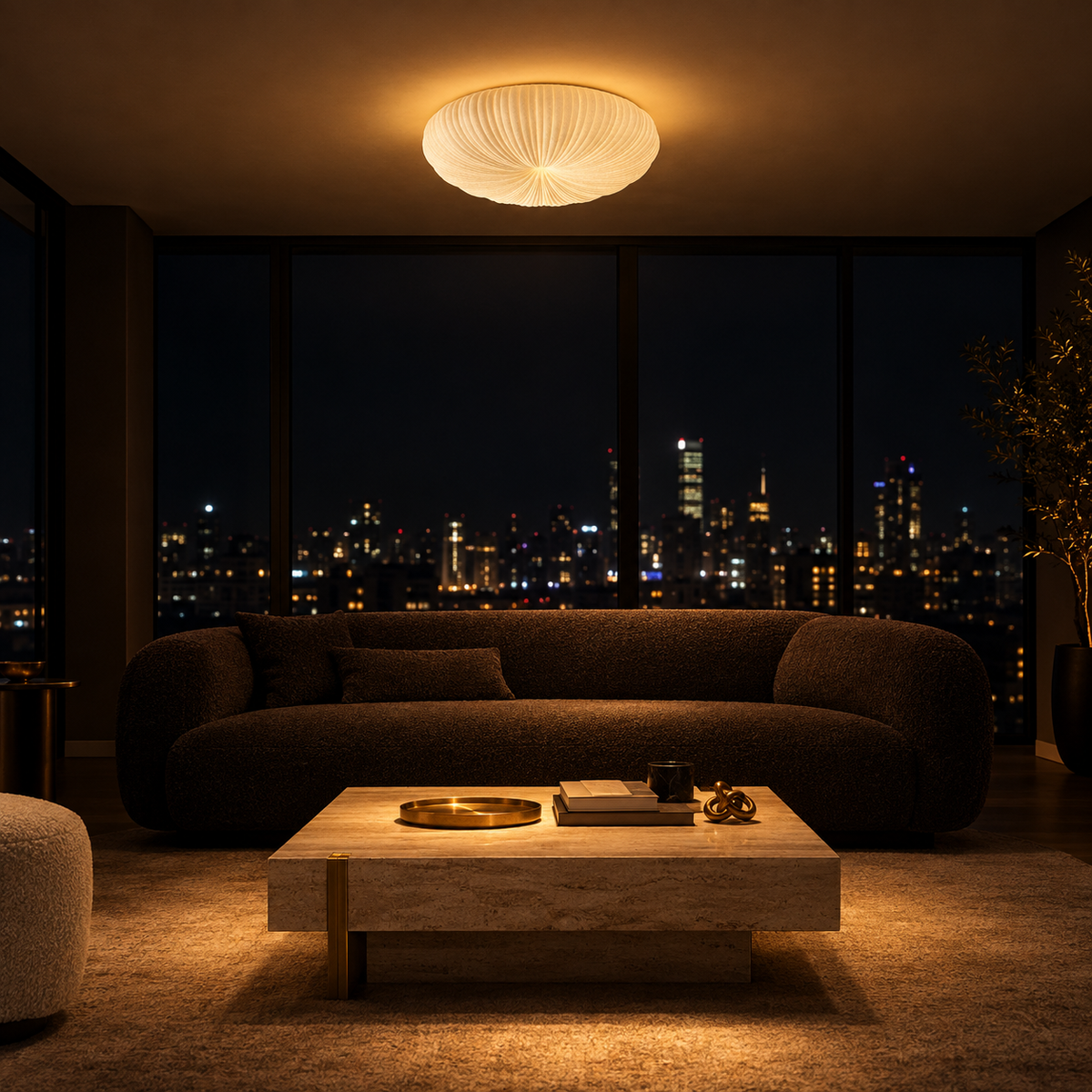 Plafonnier LED 30cm — ambiance soir penthouse contemporain