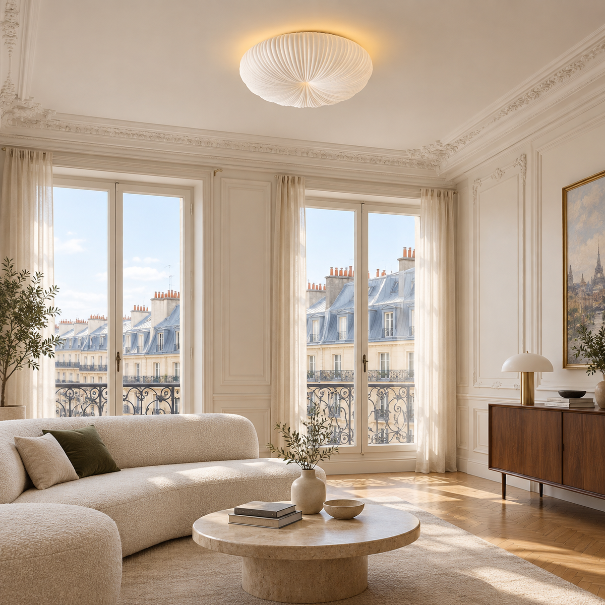 Plafonnier LED 55cm — mise en situation salon parisien lumière du jour