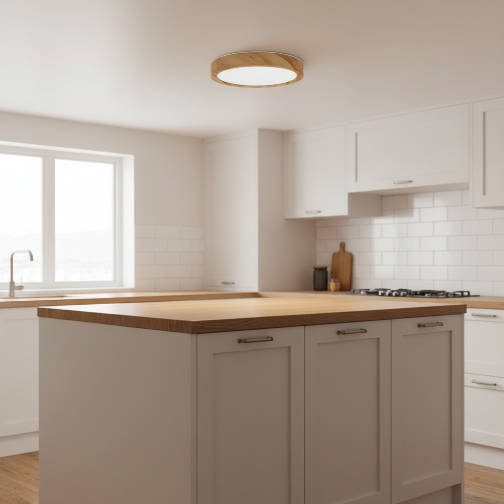 Plafonnier LED Bois — mise en situation salle à manger