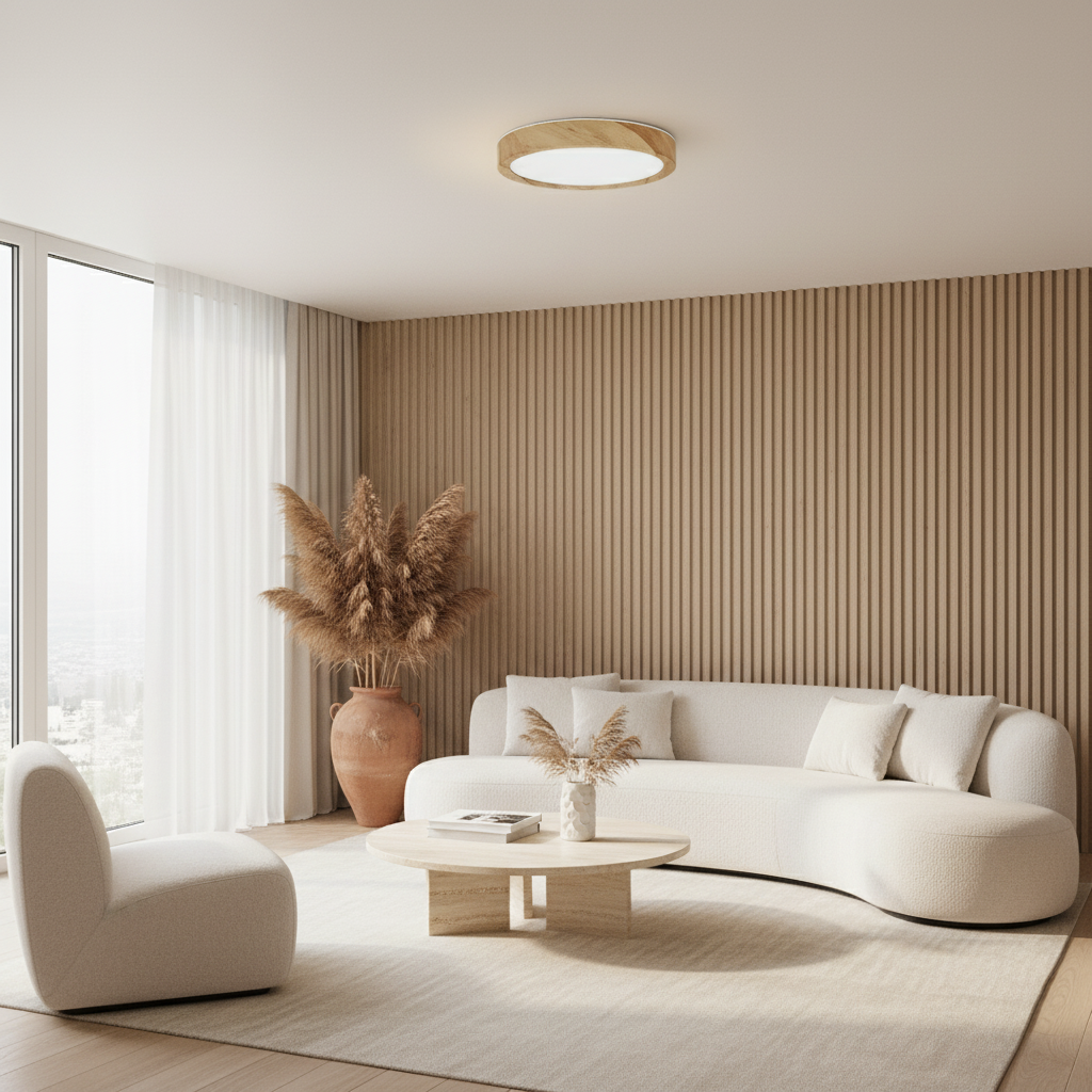 Plafonnier LED Bois — mise en situation salon lumière du jour