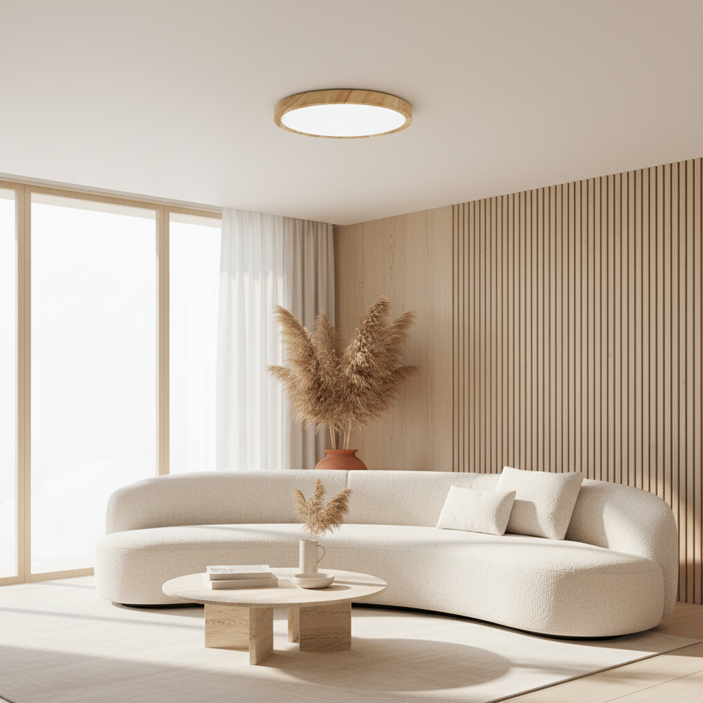Plafonnier LED Bois — mise en situation salon lumière du jour