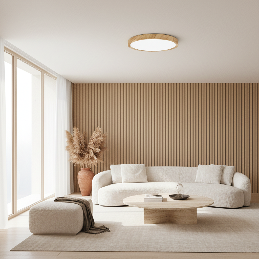 Plafonnier LED Bois — mise en situation salon lumière du jour