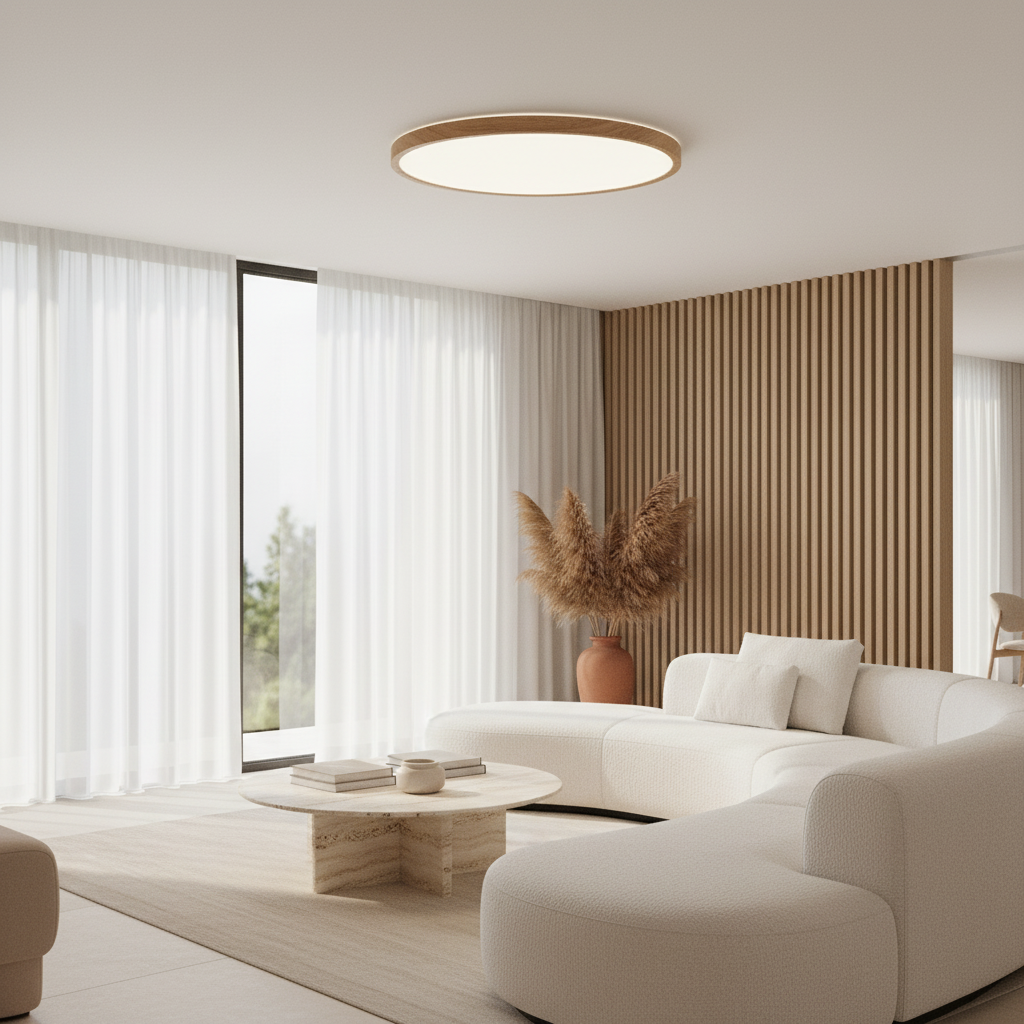Plafonnier LED Bois — mise en situation salon lumière du jour