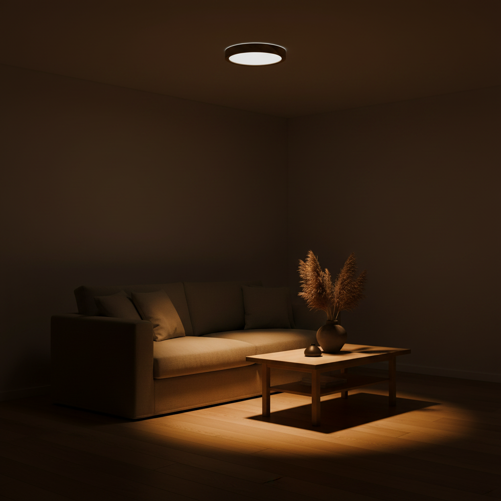 Plafonnier LED Bois — ambiance soir salon contemporain