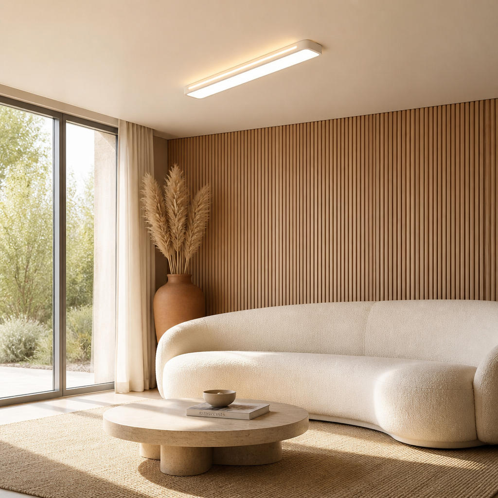 Plafonnier LED Rectangulaire Ultra-fin Blanc — mise en situation salon lumière du jour