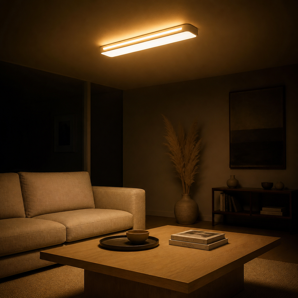 Plafonnier LED Rectangulaire Ultra-fin Blanc — ambiance soir salon contemporain