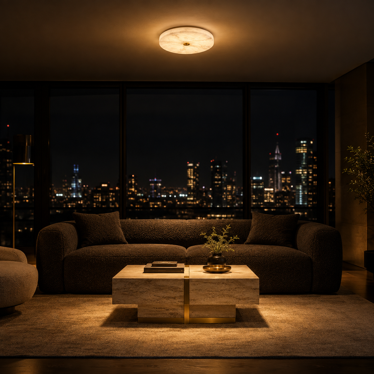 Plafonnier Marbre Blanc Chaud — ambiance soir penthouse contemporain