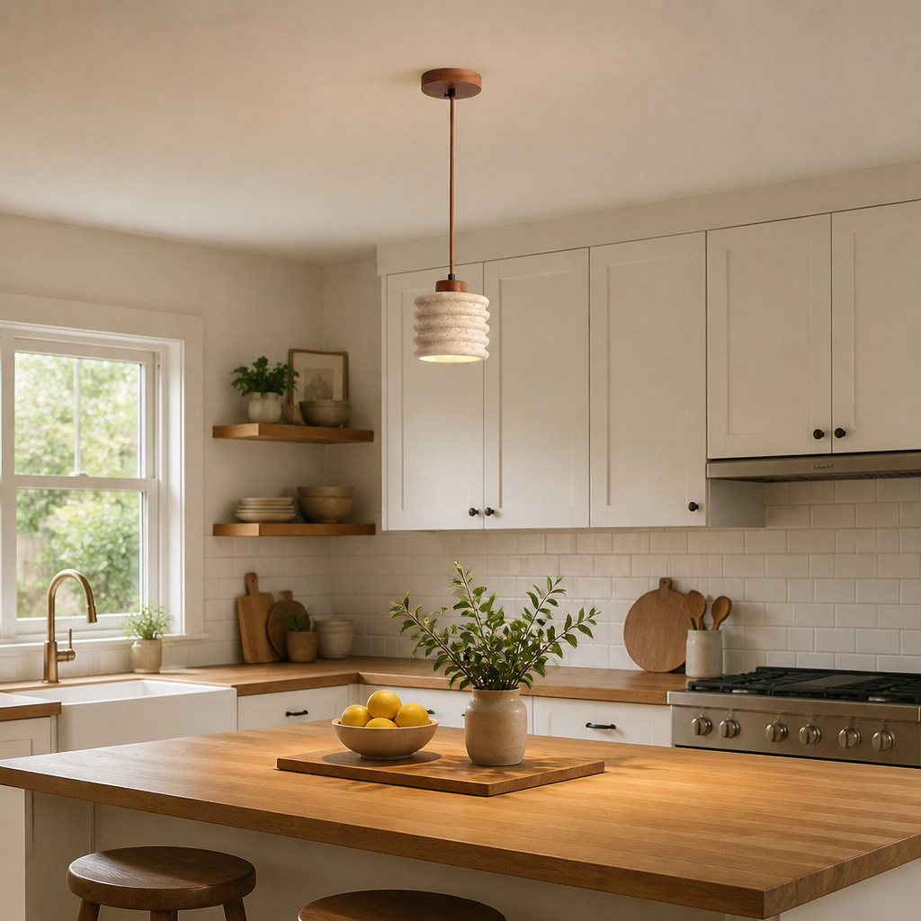 Plafonnier Pierre Bois Design Wabi-sabi B — mise en situation salle à manger