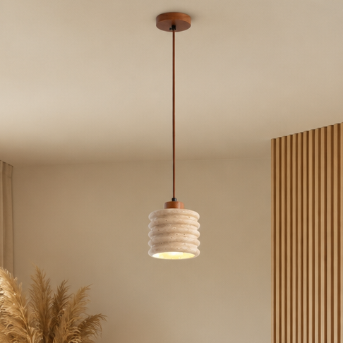Plafonnier Pierre Bois Design Wabi-sabi B — mise en situation salon lumière du jour