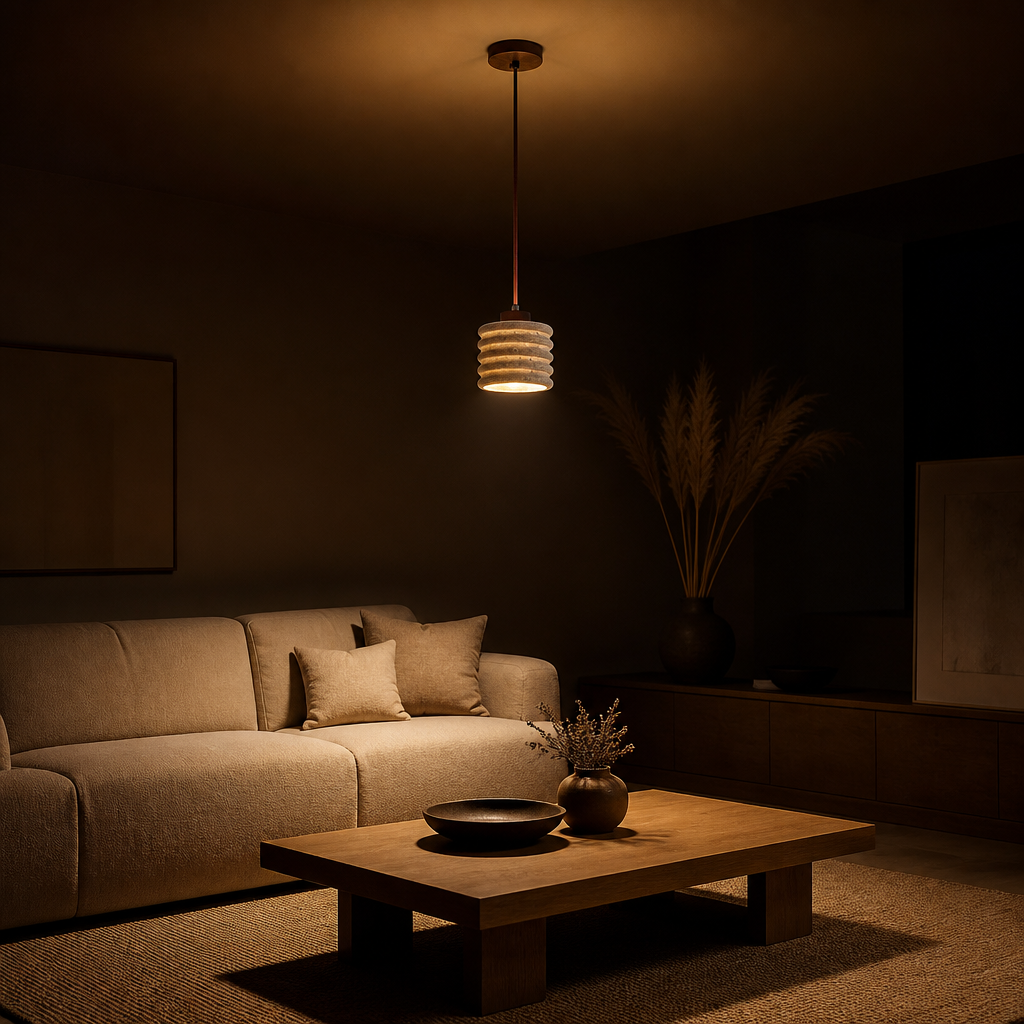 Plafonnier Pierre Bois Design Wabi-sabi B — ambiance soir salon contemporain
